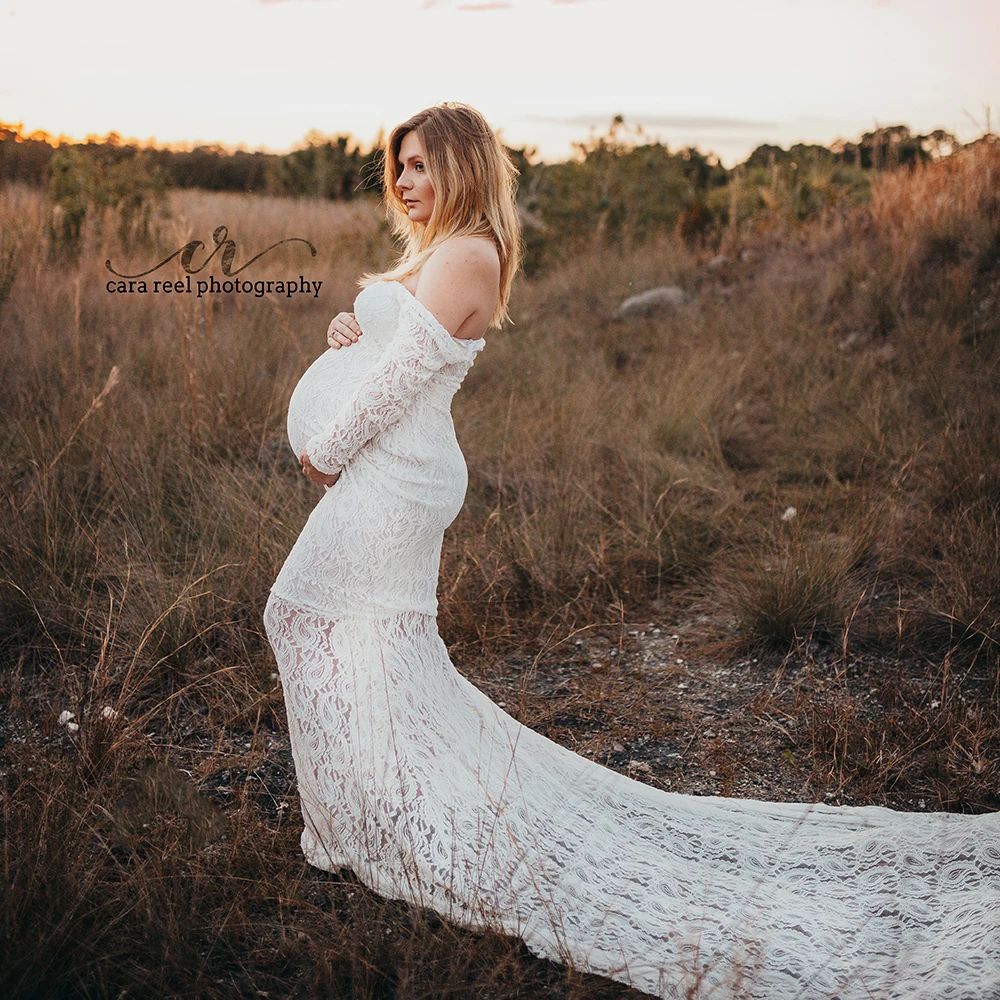 

Stretch Lace Maternity Gown Photo Shoot Props Maxi Long Sleeves Dress Off the Shoulder Pregnant Kaftan Photography Accessories