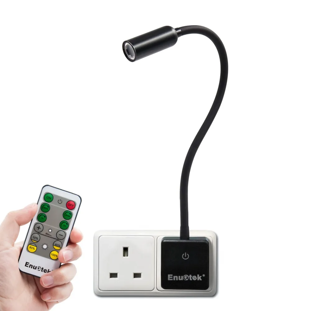 

Remote Control Plug In Dimmable 3W LED Spot Bedside Reading Night Light Power Socket Lamp British Power Plug 1 Lamp and 1 Remote