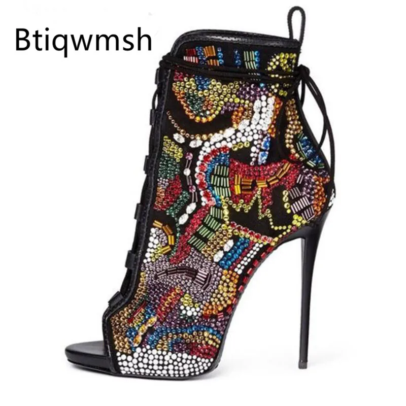 2019 Runway Shoes Woman Peep Toe Mixed Color Rhinestone Diamond Cross Strap High Heel Shoes Woman Sexy Ankle Boots Party Shoes