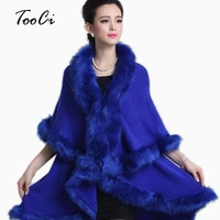 new spring fashion long sweater blue women imitation fox fur collar knitted poncho cardigan lady wool sweater coat