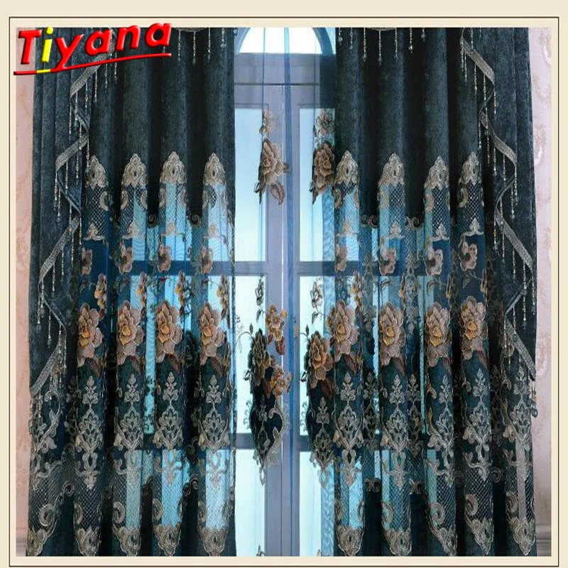 

On sale ! Curtains Luxury For Living Room Floral Tulle Blackout Curtain Window Treatment/drape In Blue Free shipping HM358 *30