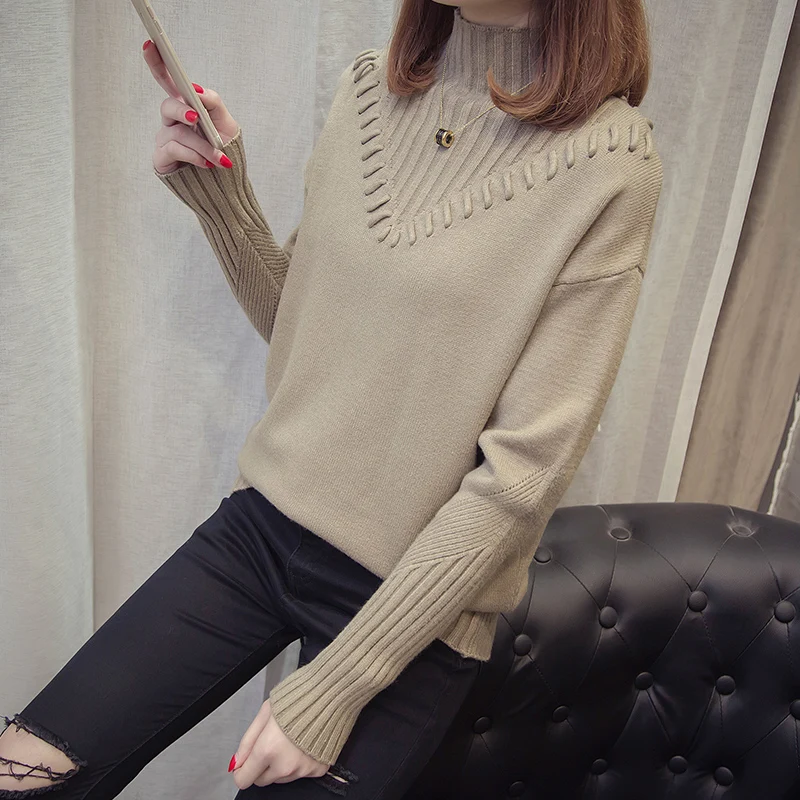 2019 Sweater Women's Knit Jacket Autumn Winter Thick warm Long sleeve Half high collar Standard Pullover | Женская одежда