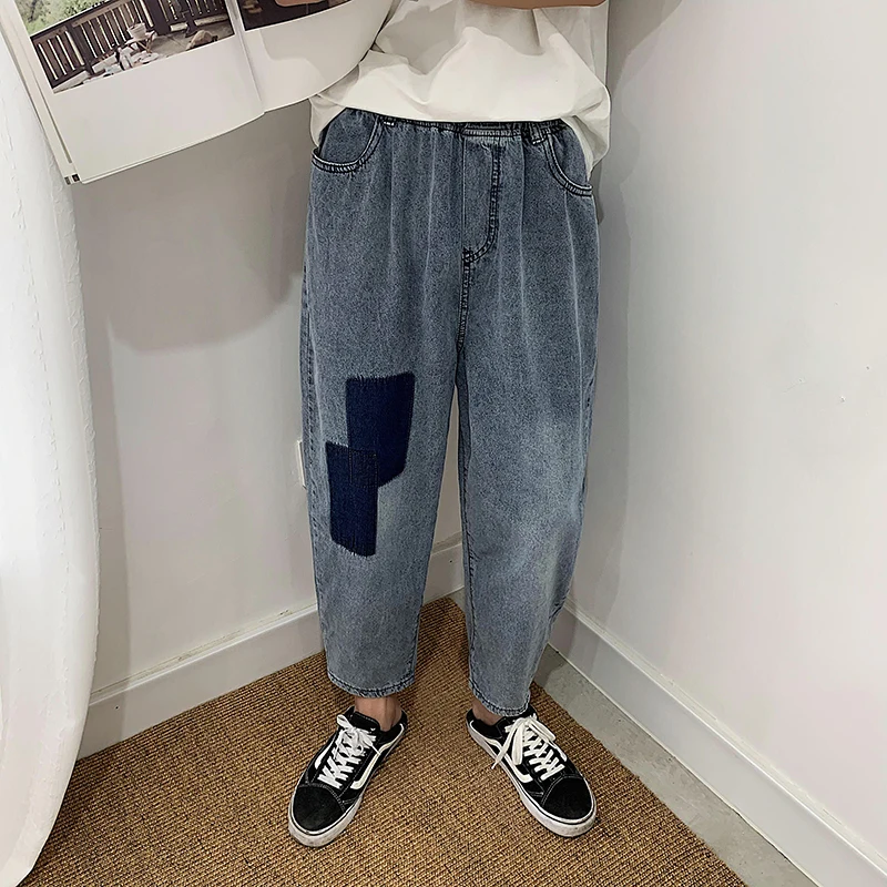 2019 Summer Men's Blue Color Casual Pants Leisure Baggy Homme Patch Wash Jeans Mens Classic Style Loose Trousers Plus Size M-2XL | Мужская