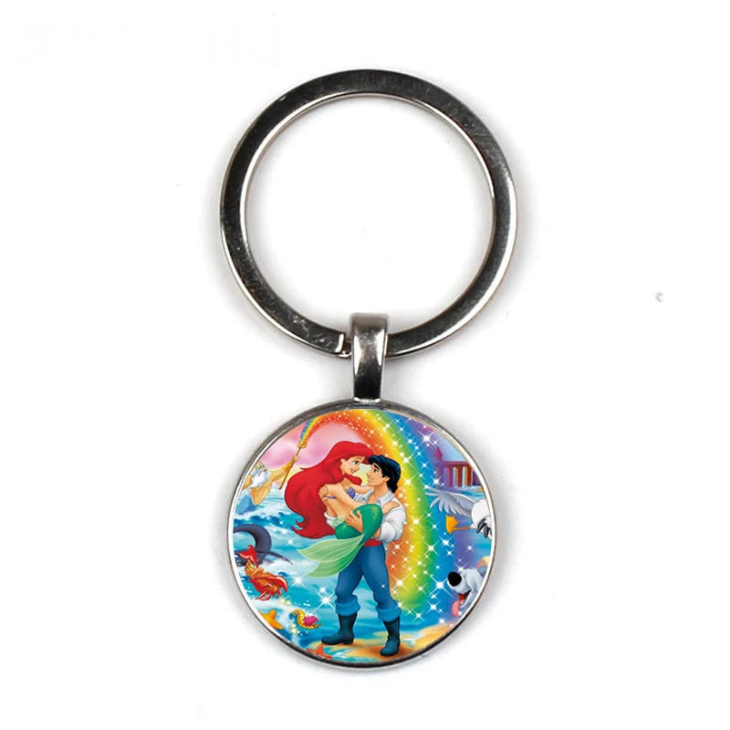 

Fashion Anime The Little Mermaid Ariel keychain Princess & Prince Photo Glass Gem keychain for Girls Kids Jewelry