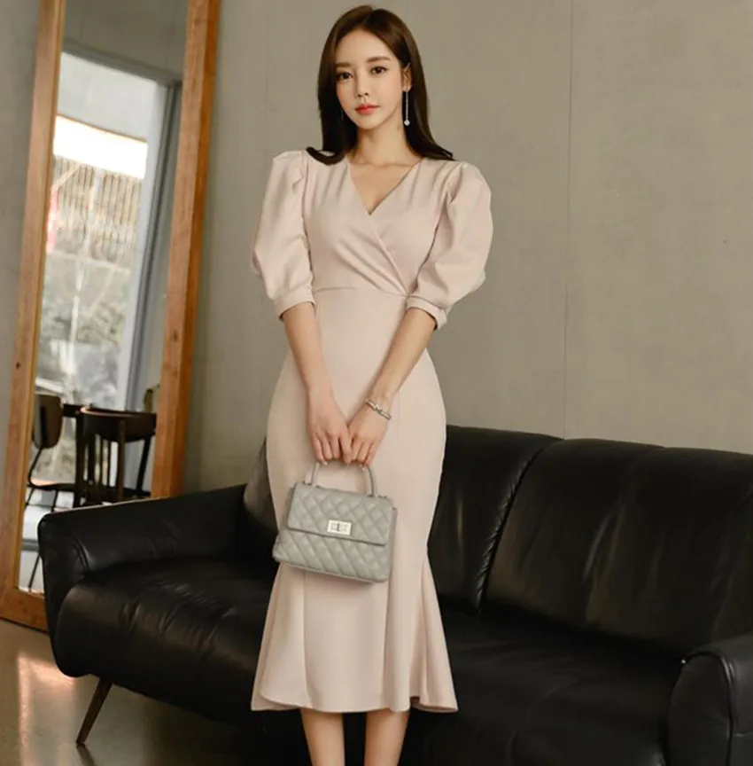 JSXDHK High Quality Office Ladies Puff Sleeve Dress Summer Women Bodycon Ruffles Midi Party Fashion Slim V Neck Vestidos | Женская