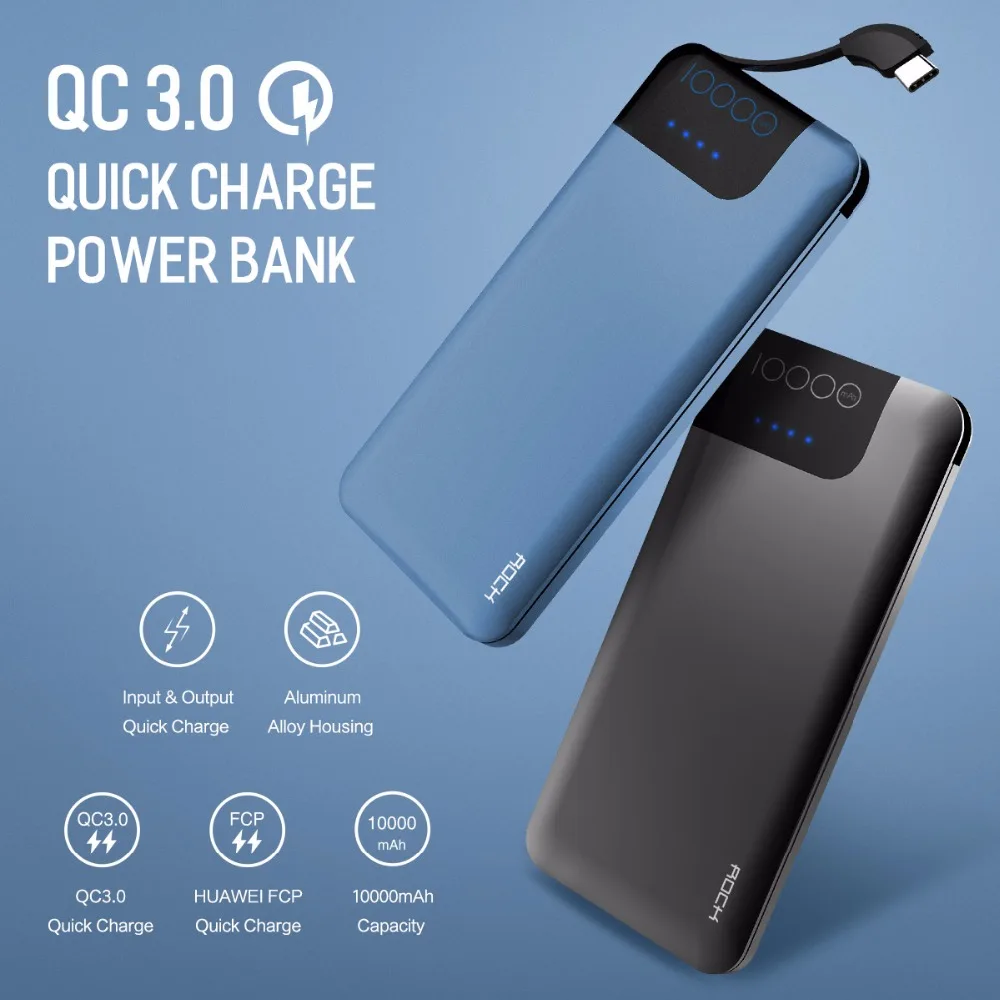 ROCK Quick Charge power Bank 10000mAh 5 V/9 V/12 V Smart QC 3,0 power bank с цифровым дисплеем TYPE C портативный внешний аккумулятор
