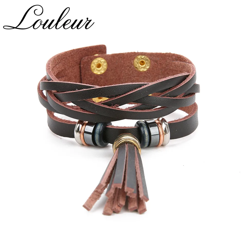 Louleur Новые многослойные кожаные браслеты с подвесками и для женщин черный