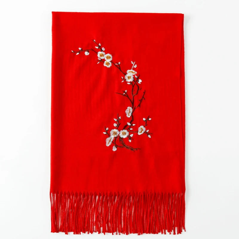 Женский кашемировый шарф с вышивкой однотонный теплый плотный из пашмины 16