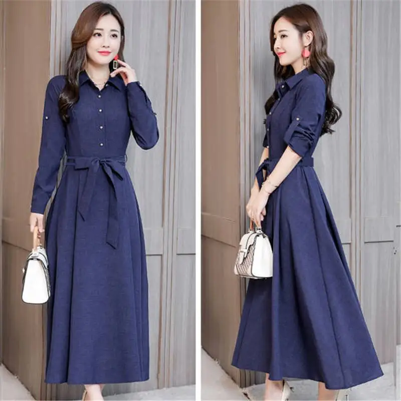 

2019 Summer Women Elegant Sashes Bow Button Solid Oversize Vestidos Female Vintage Long Sleeve Pullover Cotton Linen Dresses H65