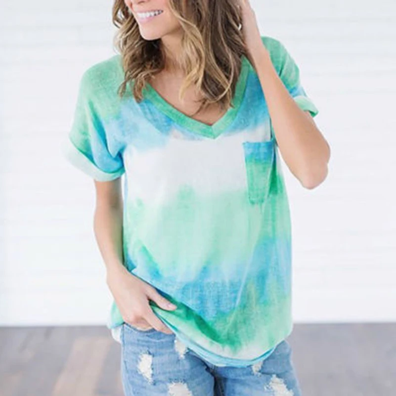 Женская Полосатая футболка с v образным вырезом повседневный стиль короткий