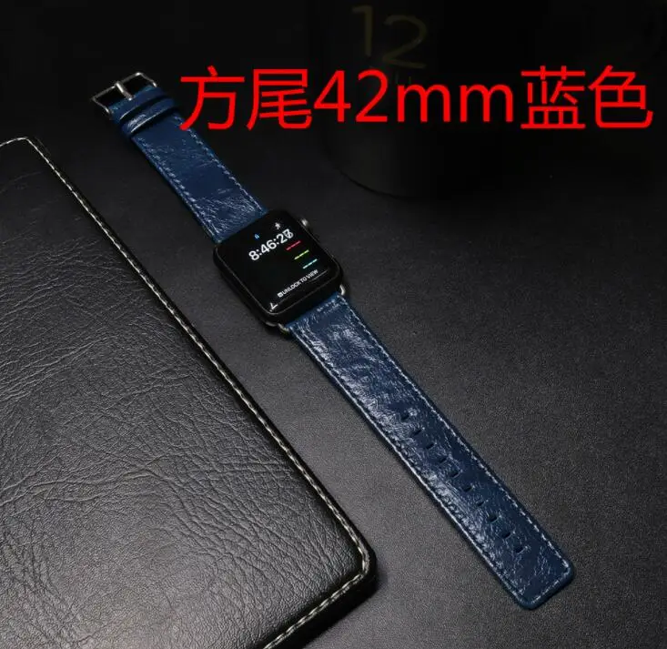 Из натуральной коровьей кожи для iphone Apple watch 1/2/3/4, для iwatch, версия для мужчин и женщин, ремешок для наручных часов в винтажном стиле crazy horse, 42 мм, 38 мм, версия Смарт-браслет - Цвет ремешка: Синий