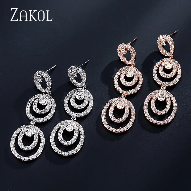 ZAKOL Роскошные 3 шт. круглые Многослойные CZ циркония длинные висячие женские