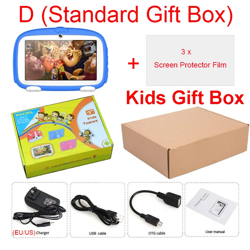 D(Standard Gift Box) WeCool K7-Plus Детский планшетный ПК 7 дюймов четырехъядерный 1 Гб+ 8 Гб детские игры планшет Дети Образование приложение предназначено для детей подарок на день рождения - Комплект: D(Standard Gift Box)