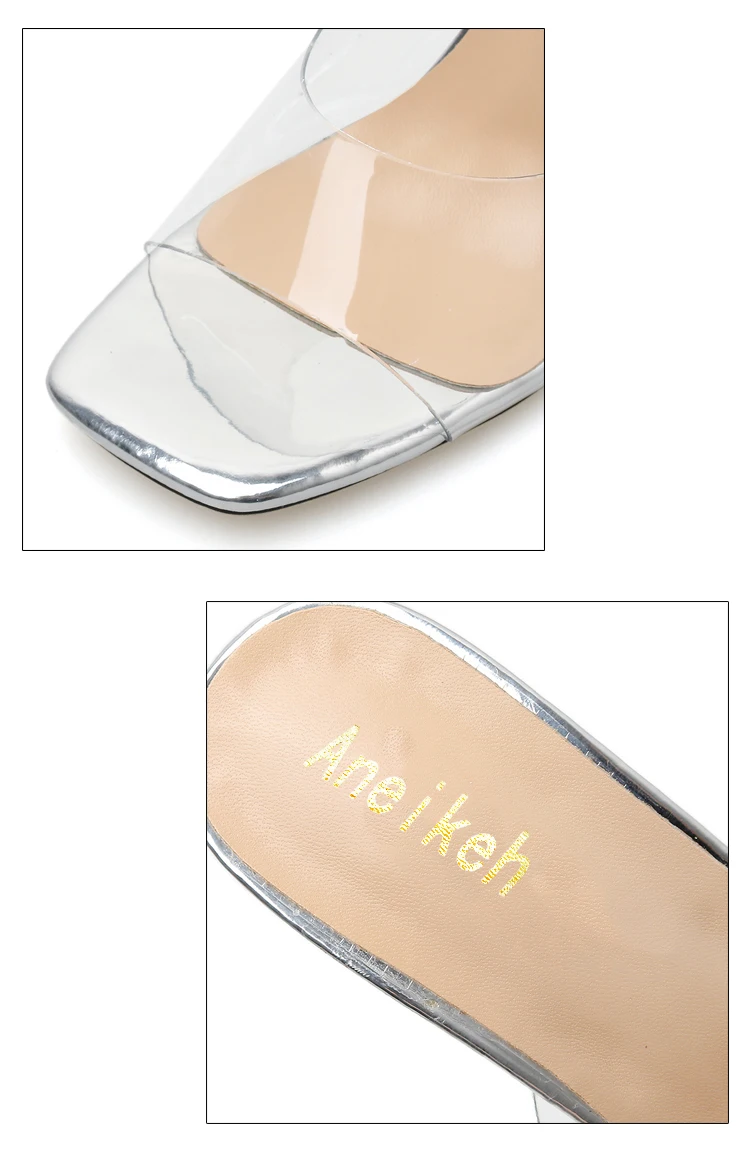 Aneikeh New PVC Transparent Women Slippers Open Toe Thin High Heel Women's Shoes Square Toe Silver Fluorescent Yellow 35-40