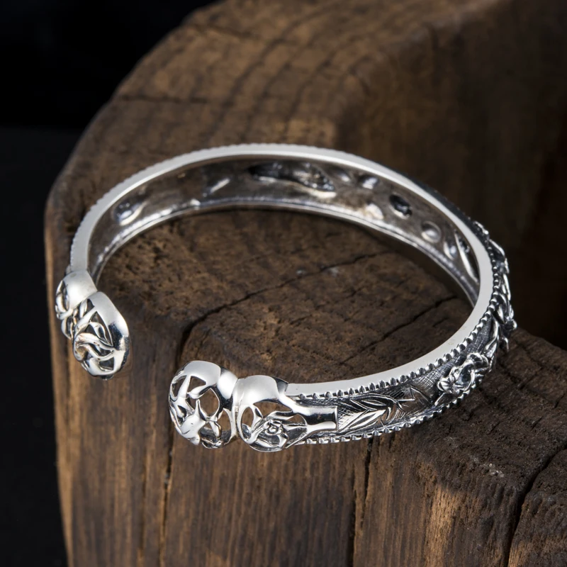 925 стерлингового серебра резной Пион цветок браслет Серебряный открытие Винтаж