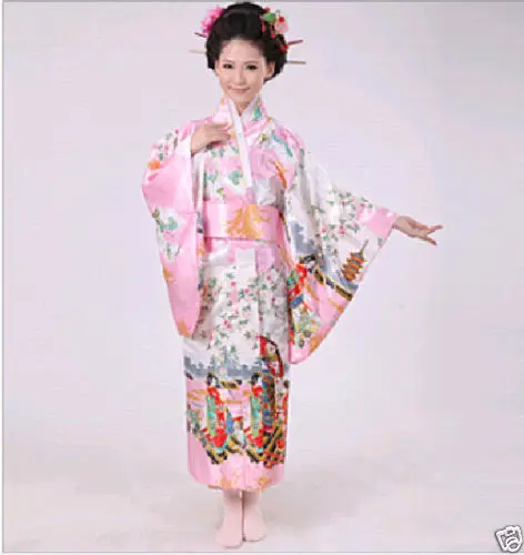 Розовый японский винтажный костюм кимоно с изображением гейши юката платье