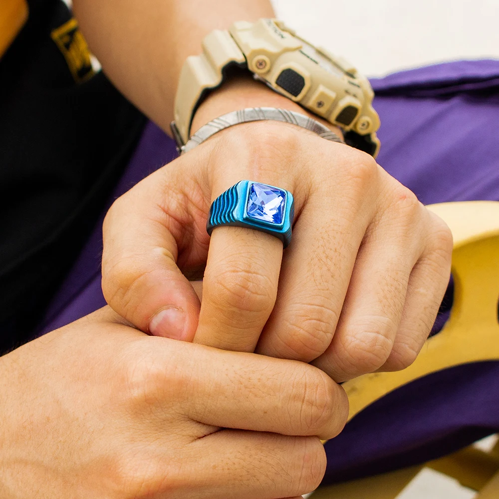 Elegant Square Black Onyx Stone Blue Crystal Band Ring Men In Stainless Steel Blue/Black Color Fashion Mens Jewelry Top Quality | Украшения