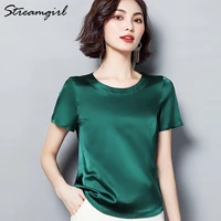 streamgirl imitation silk blouse short sleeve satin blouse women summer ladies office blouses womens tops and blouses plus size