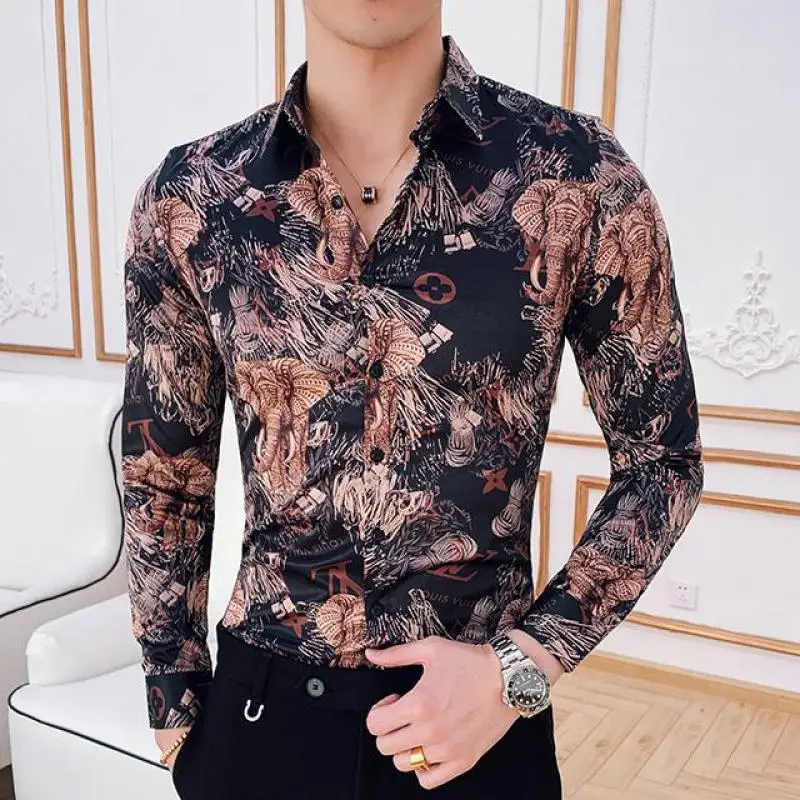 Новая мужская рубашка Camisa Masculina роскошная с длинными рукавами и принтом слона