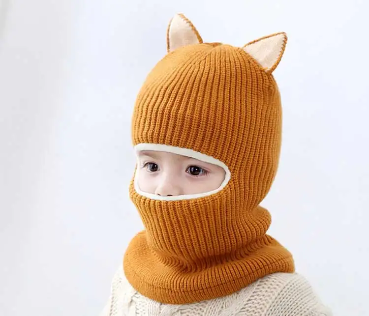 

Kids Beanie Warm Hat Children Knitted Hooded Scarf 2018 Winter Circulal Knit Solid Cat Ear Flaps Cap Scarves Child Accessories