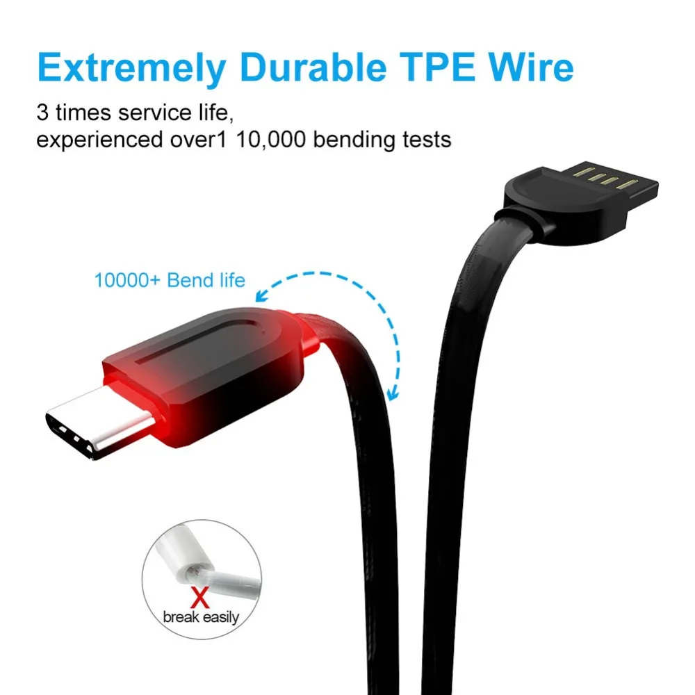 Светодиодный кабель USB Type C для Huawei Xiaomi Samsung быстрая зарядка плоский usb-кабель