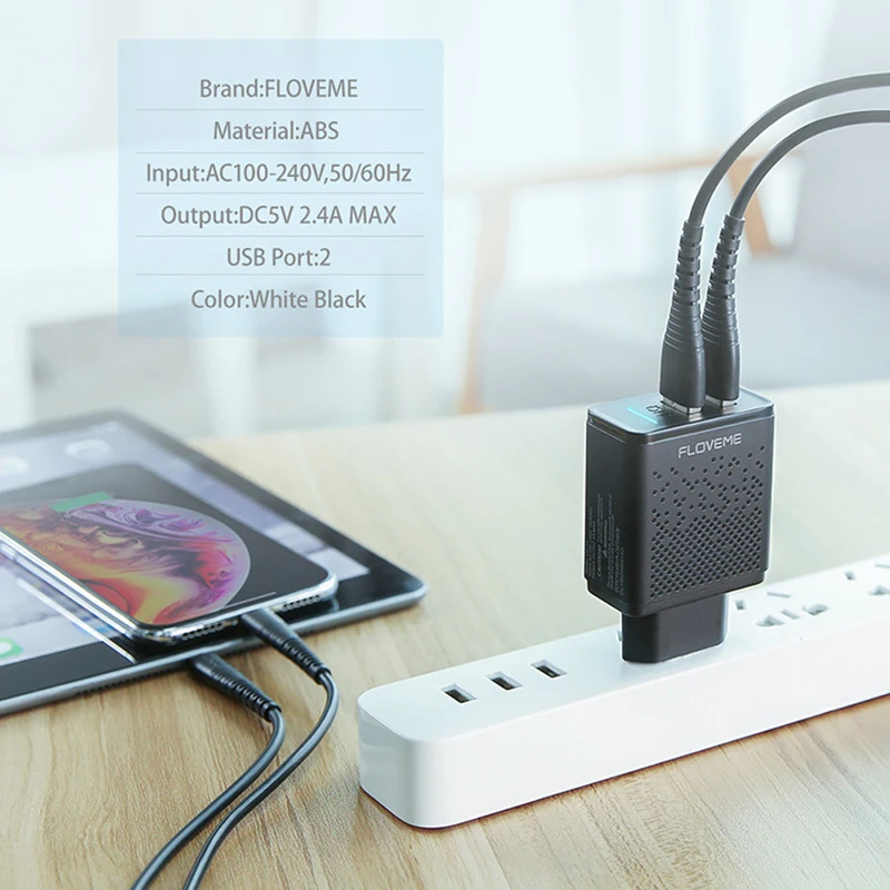 Сетевое зарядное устройство FLOVEME переходное с двумя USB портами 5 В 2 4 А вилкой