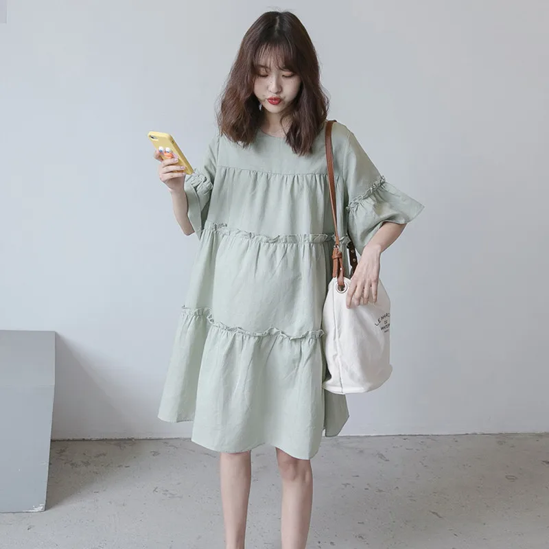 

Summer Expectant Mother Maternity Short Sleeve Solid Color Dresses Pregnancy Round Neck Lotus Leaf Dresse Pregnant Women Clothes