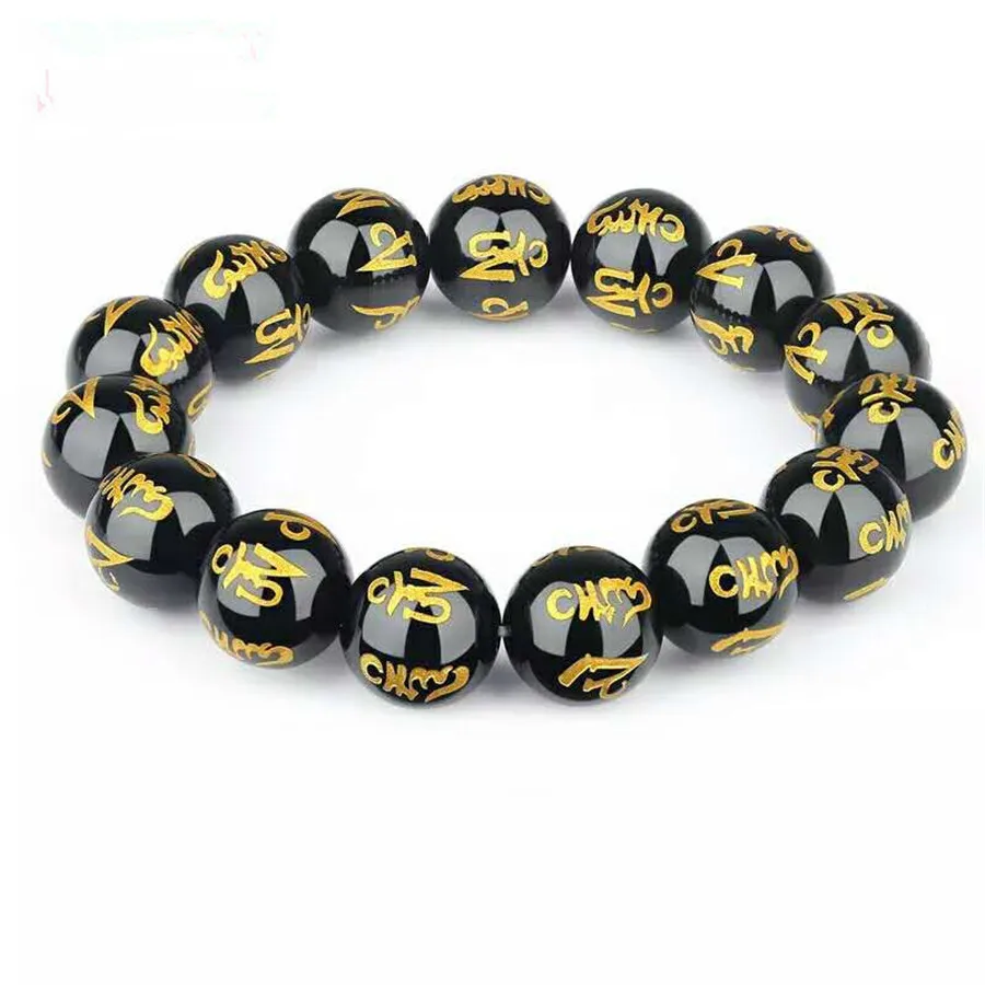 

Top Natural Black Obsidian Bracelet Jewelry For Woman Men Wealth Crystal Six Word Round Beads Stone Strands AAAAA 10mm 12mm 14mm