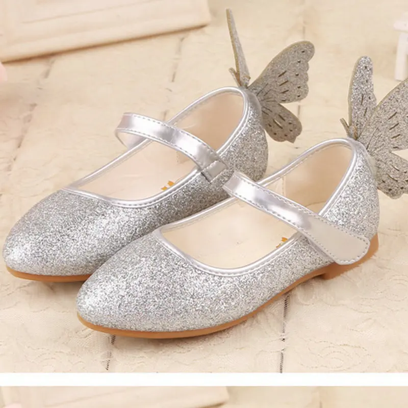 Кожаные туфли принцессы для девочек на плоской подошве кожаные с бабочками