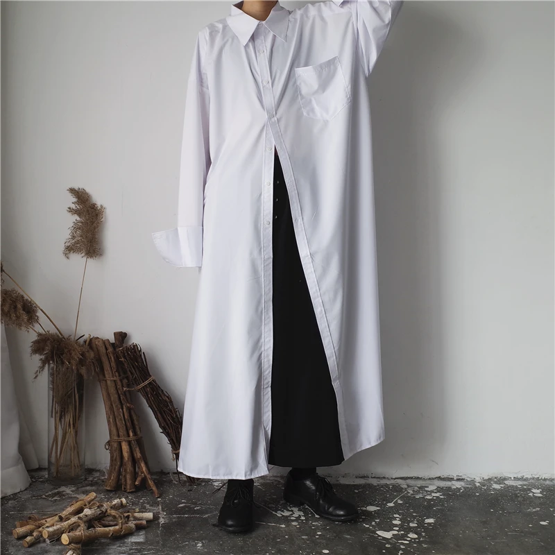 [EAM] Осенняя Новая модная длинная однотонная черная белая рубашка с отворотом, подходит ко всему, очень Длинная женская блузка YC044