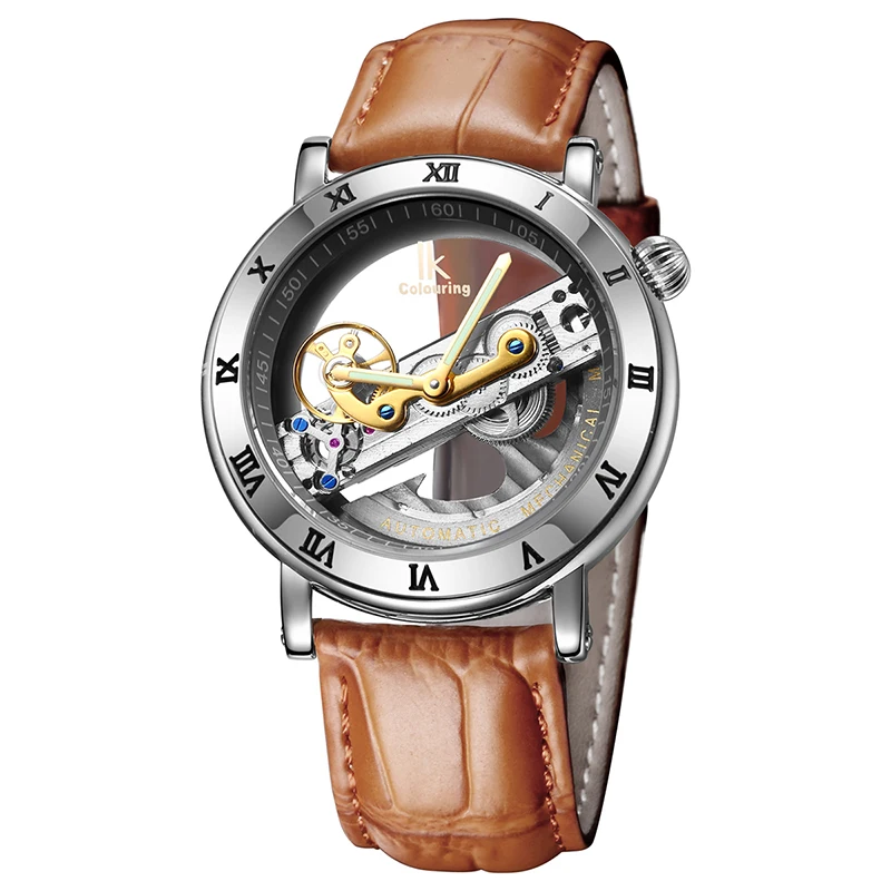 IK Perspective Design Hollow Engraving Gold Case Leather Skeleton Automatic Mechanical Watches Men Luxury Brand Heren Horloge | Наручные