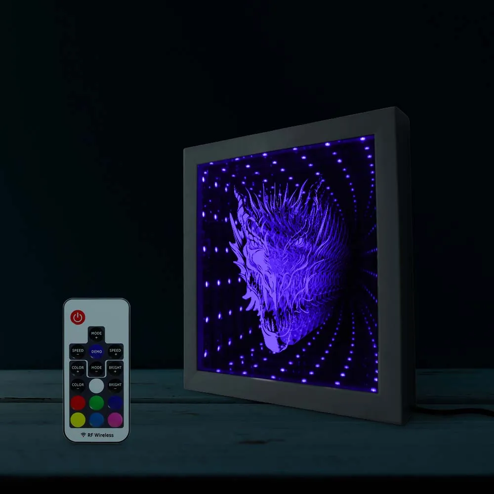 Mythical Beast Dragon Head LED Infinity Mirror Frame Gothic Stunning Optical Illusion Color Change Lighting Wood |
