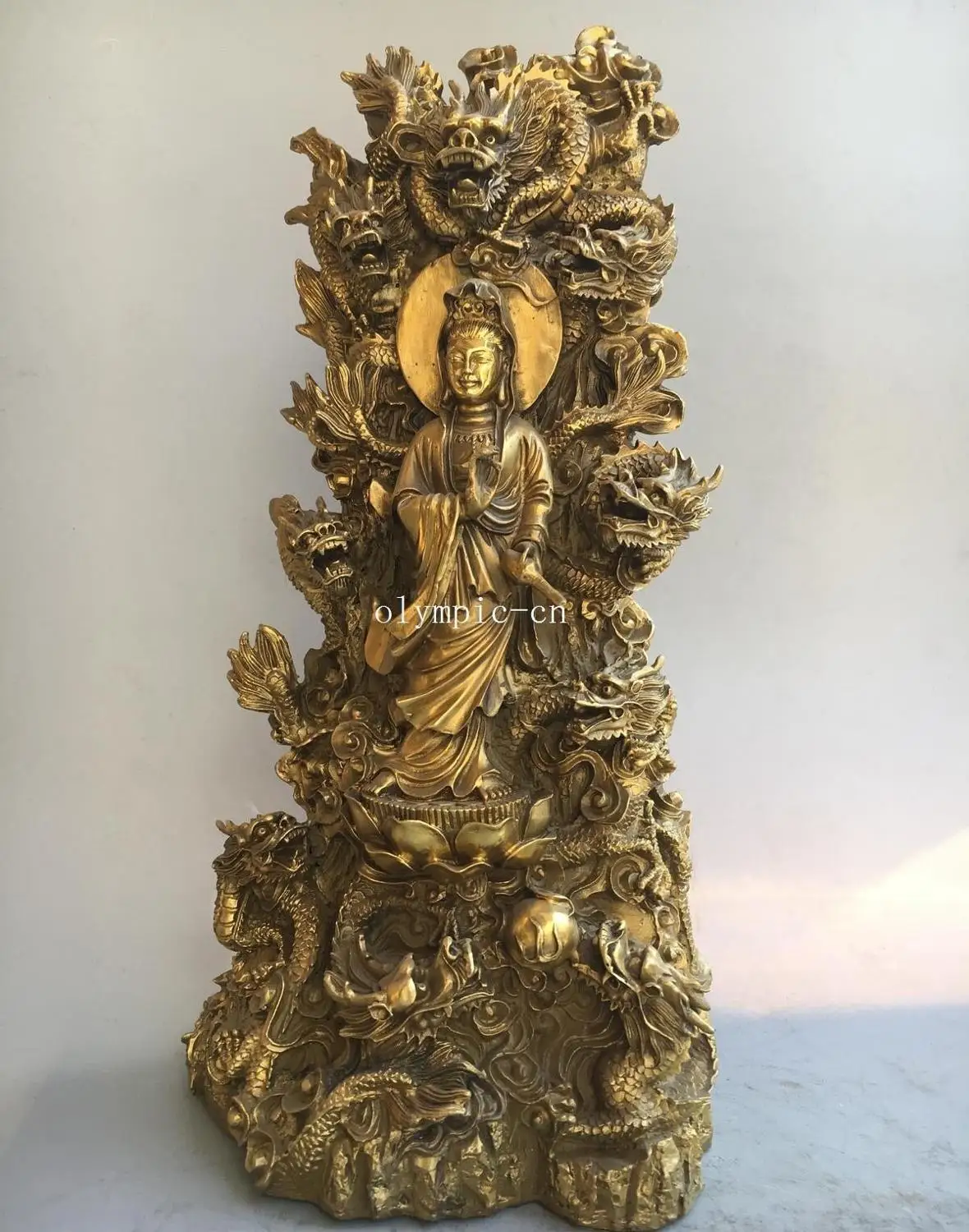 15 дюймов латунный резной благоприятный зверь девять дракона Гуаньинь