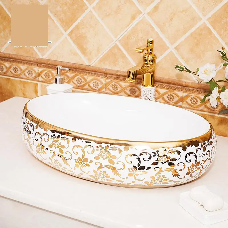 Oval gold Chinese Countertop Basin Handmade Ceramic Vessel Sinks Vanities decorative art ceramic wash basin Bathroom Sink | Обустройство