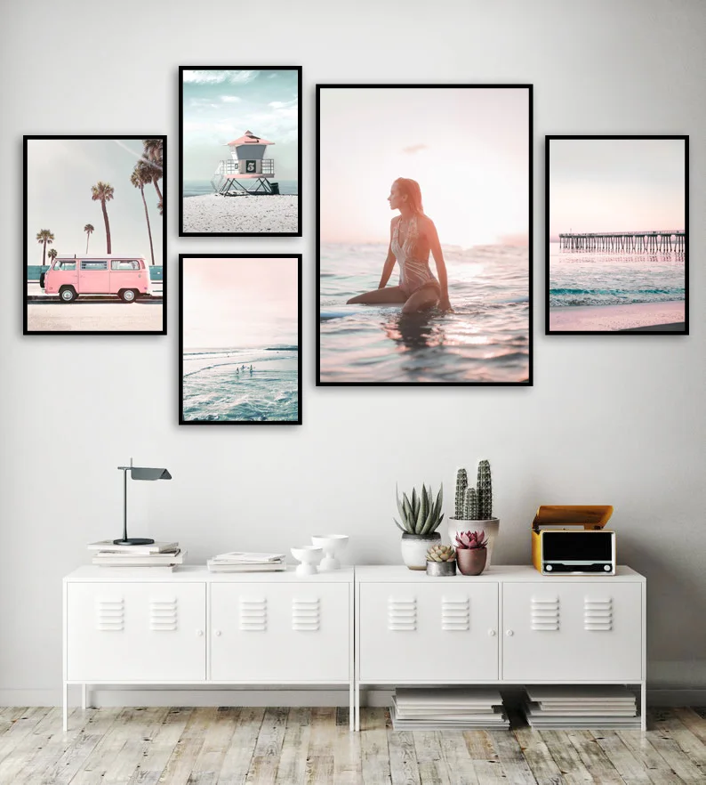 

Pink Sea Sexy Girl Bridge Lighthouse Bus Nordic Posters And Prints Wall Art Canvas Painting Wall Pictures For Living Room Decor