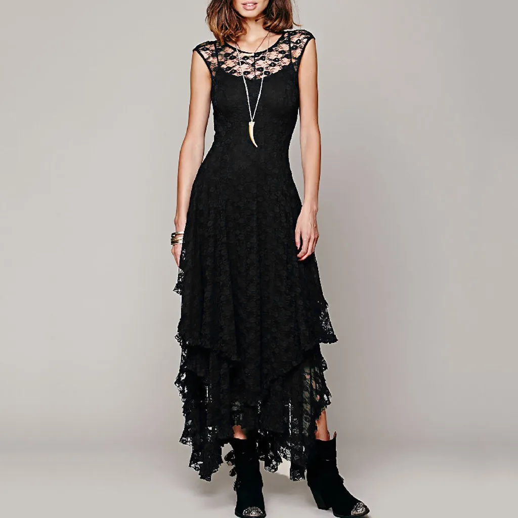 Женское асимметричное кружевное длинное платье в стиле бохо с оборками|Женские