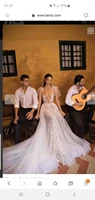 high end beach wedding dresses 57433long sleeves color court train lace custom made see though back button hk035