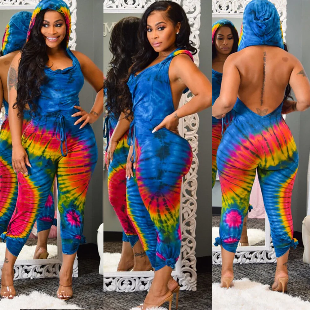 Цветной комбинезон Tie Dye, женский комбинезон с открытыми плечами, с вырезом сзади, Облегающий комбинезон, повседневный комбинезон с капюшоном, без рукавов, боди до середины икры