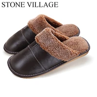 plus size 35 44 genuine leather warm winter home slippers non slip thick warm house shoes cotton women men slippers 5 colors