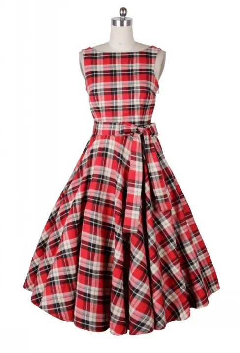 2015Retro 50s Vintage Dresses Rockabilly Swing Plaid Print Summer Ball Gown Dress Women Cotton Casual Dance | Женская одежда