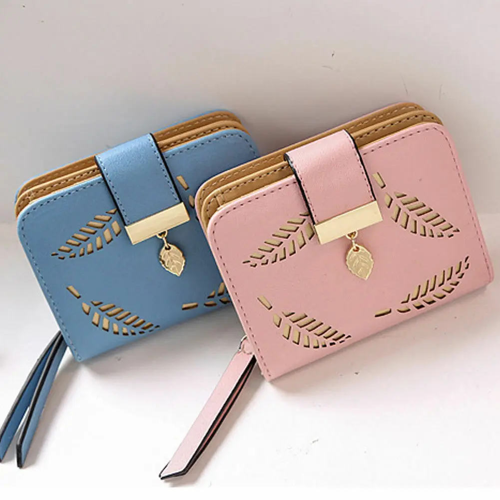 

2019 design women's purse zipper Leather ladies wallet women luxury brand Small female wallet Hollow Leaves for credit cards