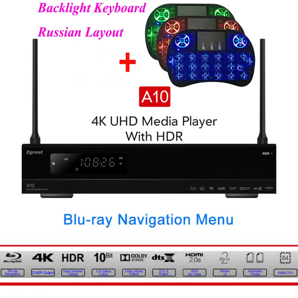 A10 Backlit Russian Egreat A10 tv Box 4K UHD медиаплеер Hi3798CV200 2G/16G wifi Gigabit LAN HDR 10 Blu-Ray 3D Dolby ATOMS DTS+ беспроводная клавиатура - Цвет: A10 Backlit Russian