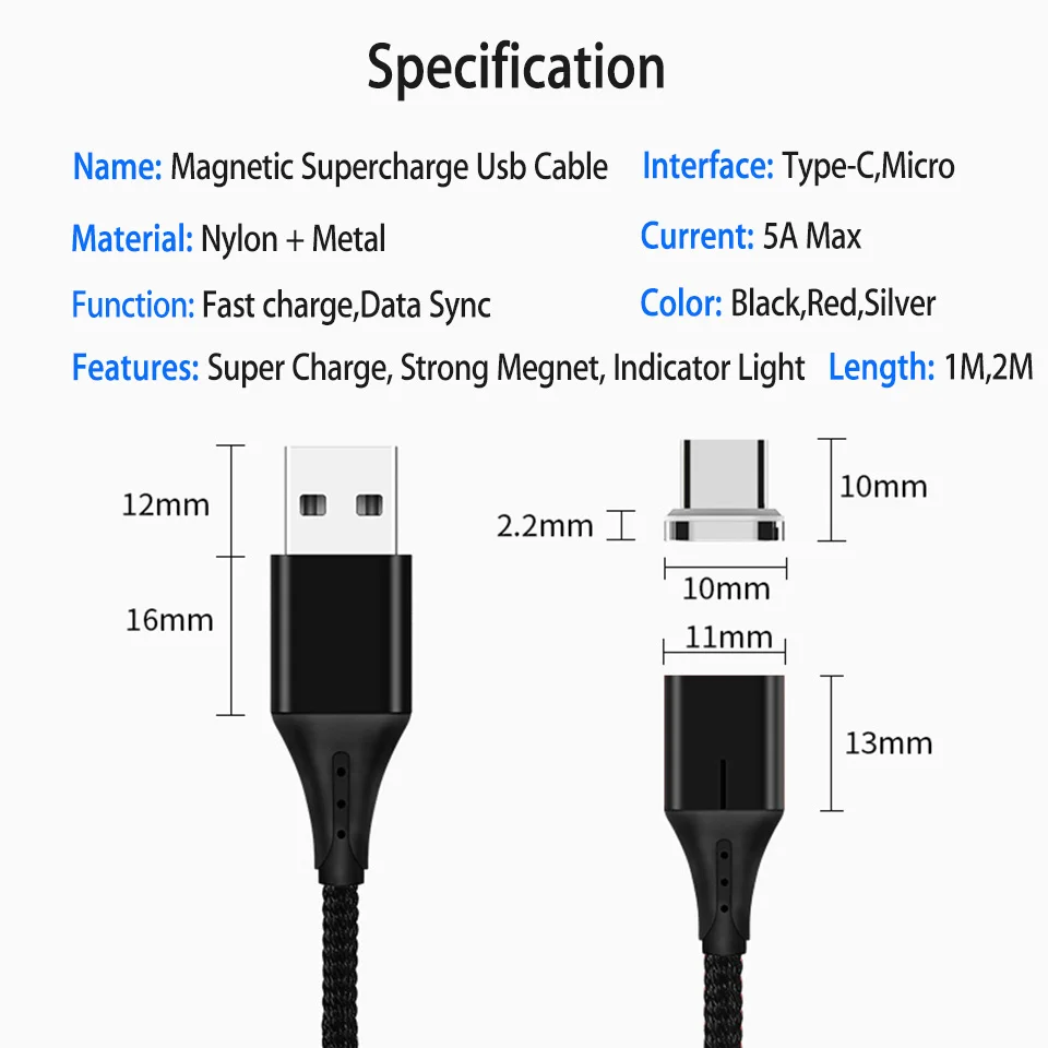Магнитный кабель Micro Usb Тип C 2 м для быстрой зарядки 3 0 Samsung Galaxy S20 Ultra Plus Redmi K30 Type-C |