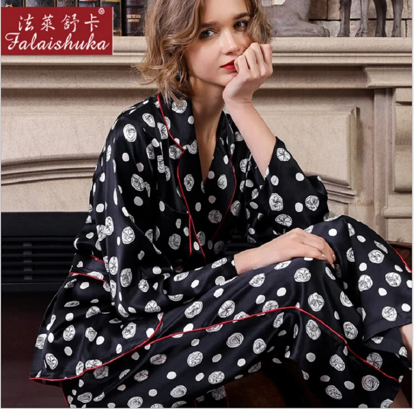 Silk Pajama Sets Pants Dot Plus Size Sexy Two Piece Set Home Wear Woman2019 Summer 100% Silk Stain Pajama Set Sleepwear