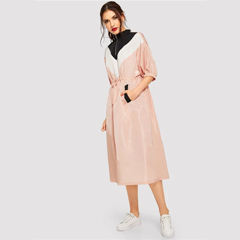 Dotfashion, розовое, на молнии, с завязками спереди, на талии, цветное платье, для женщин, весна, уличная одежда, повседневное, короткий рукав, стоячий воротник, платье