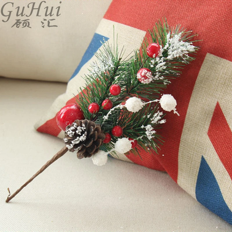Country style Pineal Red Berries Pendants Christmas Branch Cuttings Pine Needle Sticky White Tree Decoration | Дом и сад