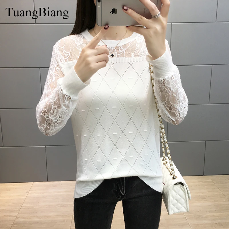 Кружевные свитера для женщин осень 2020 пуловеры с круглым вырезом открытые