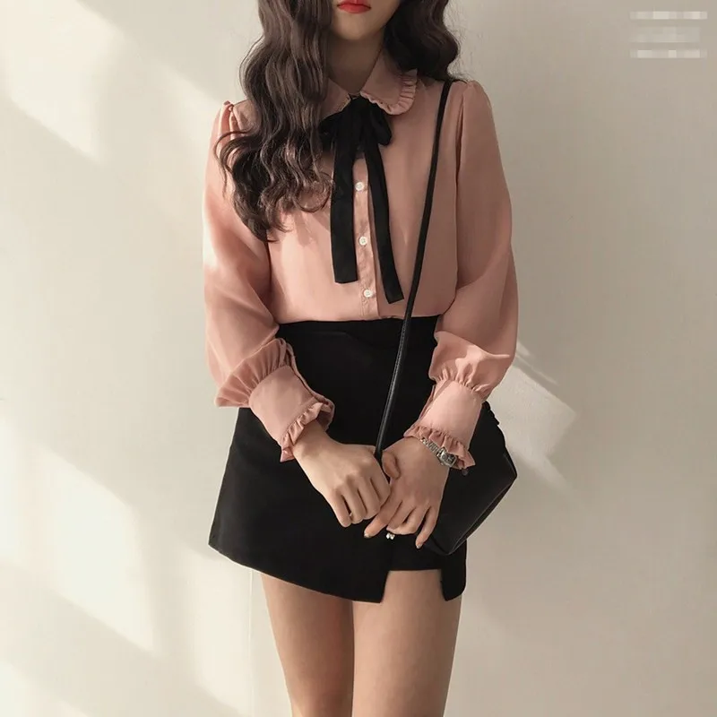 Женская винтажная блузка осенняя Базовая рубашка с длинным рукавом и воротником