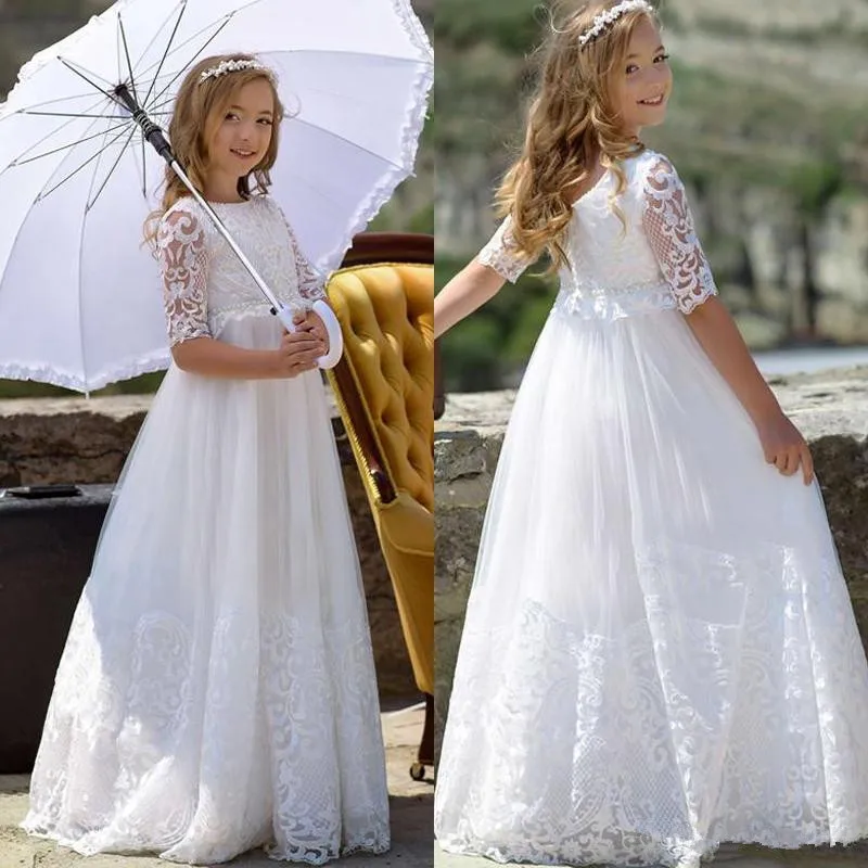 Белые пышные кружевные платья с цветочным узором для девочек коллекция 2019 года