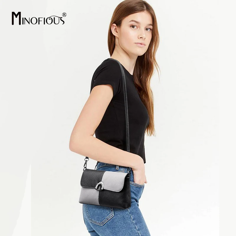 MINOFIOUS Brand Women PU Leather Flap Shoulder Bag Fashion Casual Panelled Messenger Bags Female Solid Hasp Crossbody | Багаж и сумки